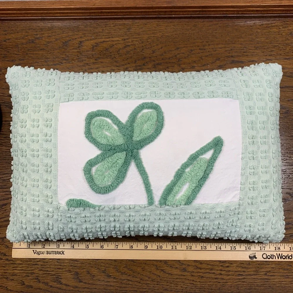 Vtg Mint Green Chenille Clover Throw Pillow 18x12 St Patrick's Day Spring EUC